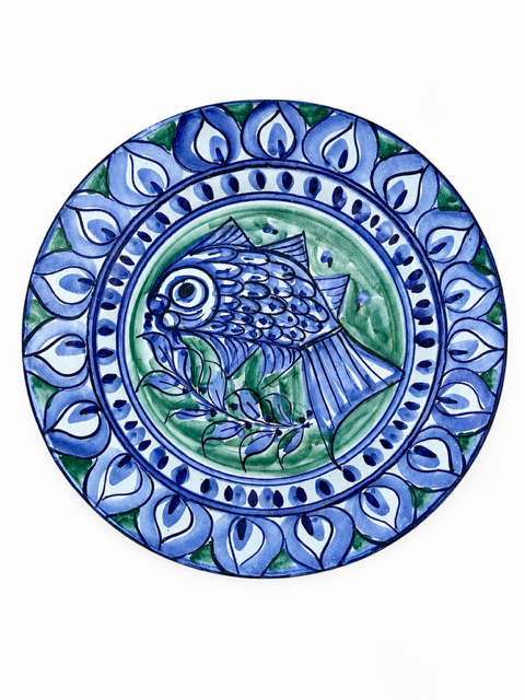 Hand Painted Vintage Mediterranean Fish Plate | 13.25'' Decorative Pottery | Wall Decor