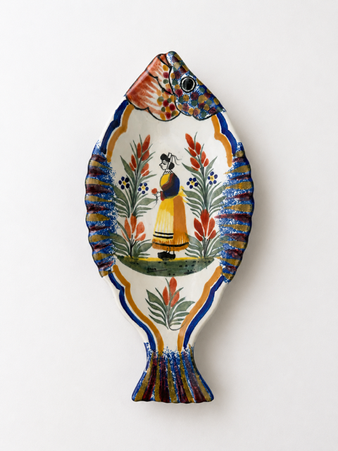 Vintage Quimper Pottery Fish Plate, Hand Painted French Faience Wall Hanging, Breton Woman Ceramic, Folk Art Wall Decor, Collectible Quimper Pottery