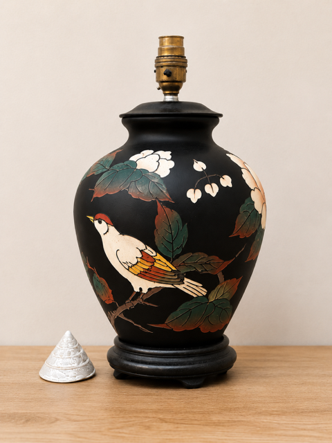 Vintage Oriental Ginger Jar Lamp | Hand Painted Chinoiserie Style Bird & Floral Lamp