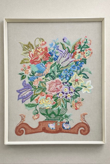 Vintage Floral Embroidery With Bird, Mid Century Textile Wall Art | Framed Needlework