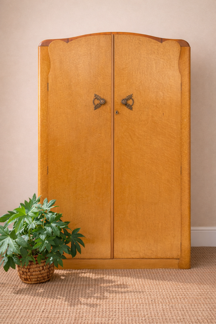 Vintage Art Deco Large Gentleman's Wardrobe, Birds Eye Maple Coat Cupboard
