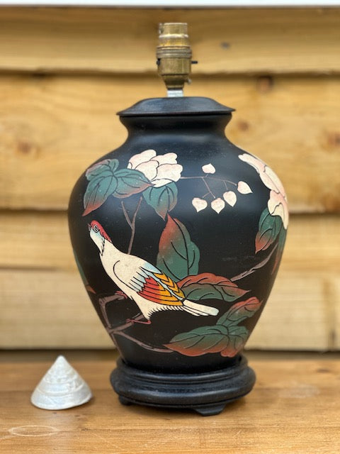 Vintage Ceramic Oriental Ginger Jar Table Lamp Base, Floral, Botanical & Birds, Dark Ceramic Base Bedside Lamp, Japandi, Maximalist Home Decor