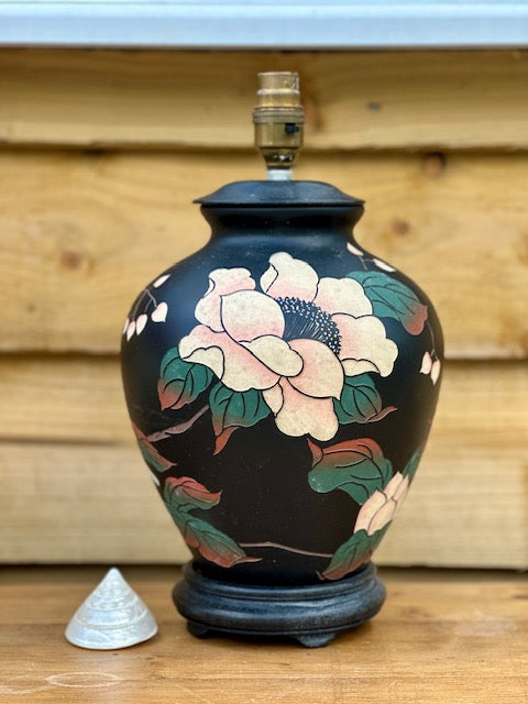 Vintage Ceramic Oriental Ginger Jar Table Lamp Base, Floral, Botanical & Birds, Dark Ceramic Base Bedside Lamp, Japandi, Maximalist Home Decor