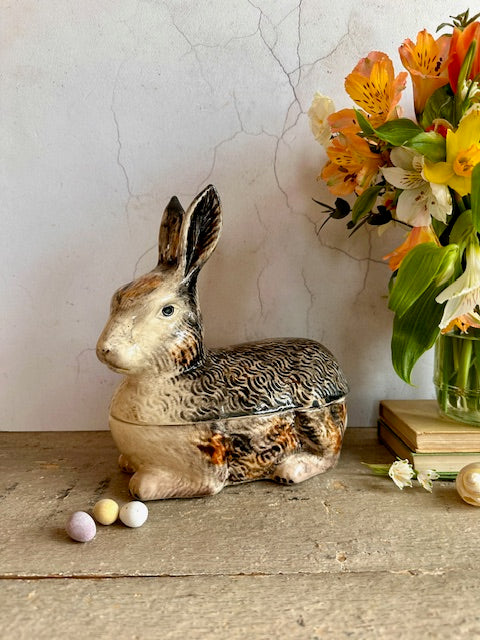 Antique Michael Caughton Large Rabbit, Hare Ceramic Pate Tureen, Ears Up, Pate Dish, Light And Dark Brown Trinket Dish, English Country, Kitchen Decor