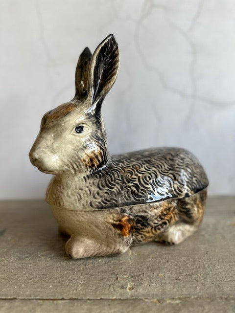 Antique Michael Caughton Large Rabbit, Hare Ceramic Pate Tureen, Ears Up, Pate Dish, Light And Dark Brown Trinket Dish, English Country, Kitchen Decor