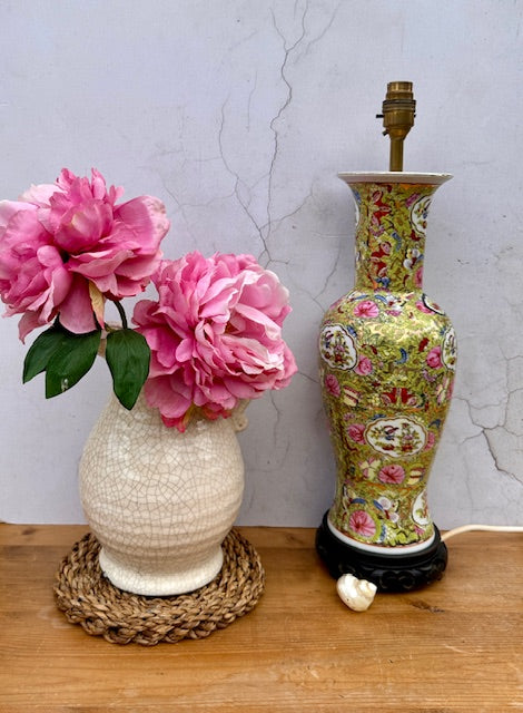 Vintage Oriental Ginger Jar Table Lamp, Tall Bedside, Console Lamp, Floral, Birds, Butterflies, Ceramic Pink & Green, Maximalist, Japandi Decor