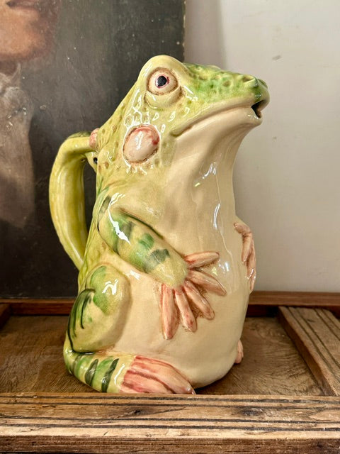 Vintage Frog Pitcher, Majolica Ceramic Frog Jug, Figural Animal Pottery, Ceramic Tableware
