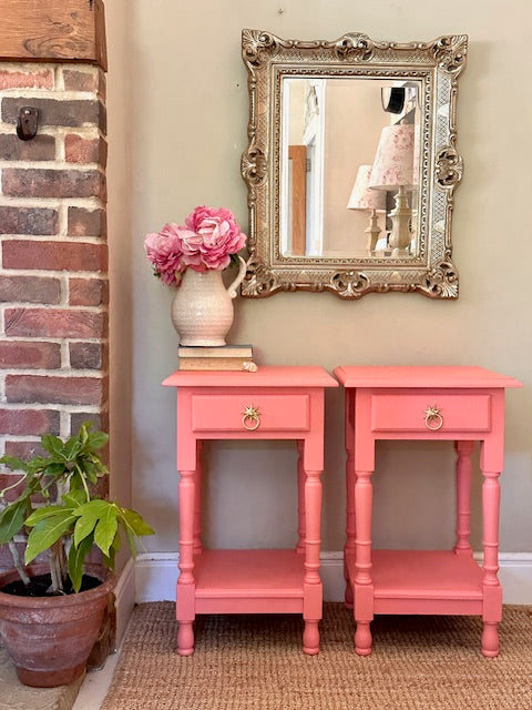 Pair Coral Pink Bedside Tables, Tall Vintage Nightstands, Sofa End Tables, With Drawers, Bright Colourful, Bedroom Furniture, Maximalist Decor