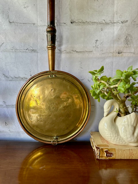 Antique Brass And Copper Warming Pan, With Etching Detail, Wooden Handle, Vintage Bedpan, Fireplace, Mantle Decor