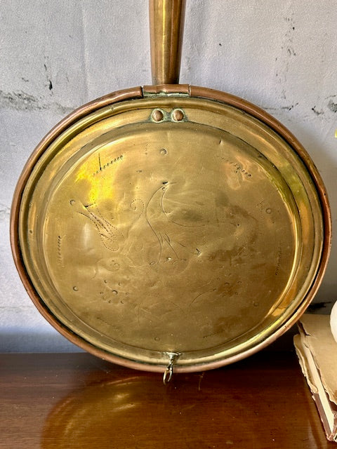 Antique Brass And Copper Warming Pan, With Etching Detail, Wooden Handle, Vintage Bedpan, Fireplace, Mantle Decor
