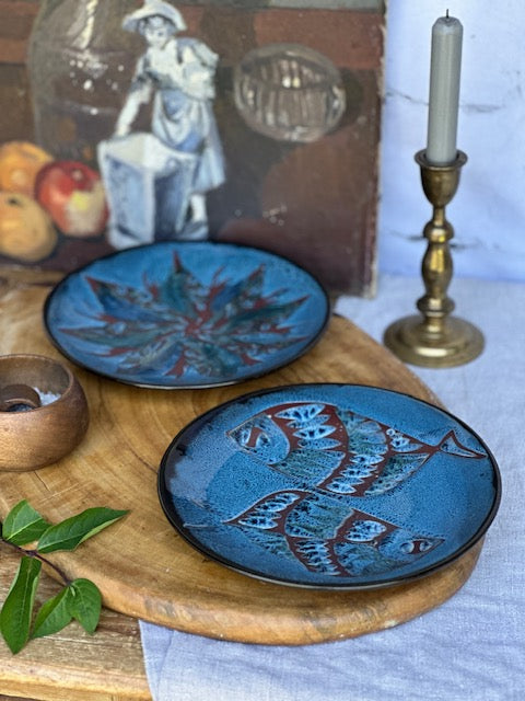 Vintage Hand Painted Ceramic Fish Plates, Pair Of Decorative Blue Art Pottery Dishes, Mid Century Home Decor