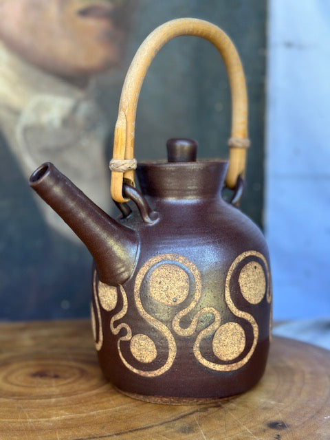 Vintage Rustic Stoneware Pottery Tea Pot / Coffee Pot, Japanese Teapot, IOW Bembridge, Designed By Martyn Gilchrist Bamboo Handle, Cottagecore, Rustic Natural Decor ,