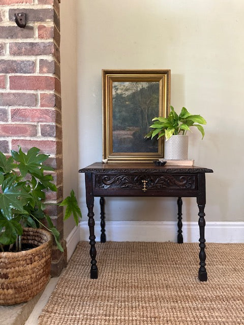 Vintage Carved Wooden Table, Small, Low Bedside Table, Square Sofa End Table, Dark Wood Furniture, English Country, Cottagecore Decor