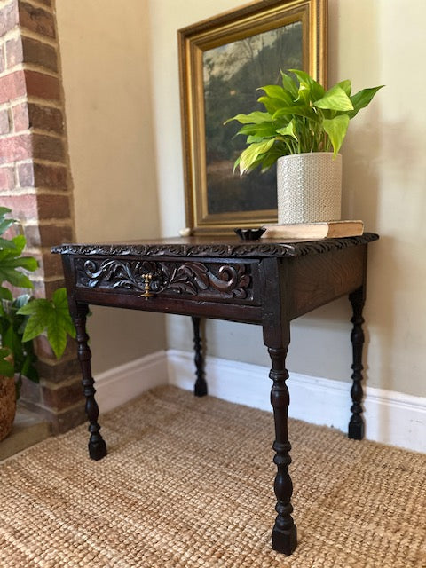 Vintage Carved Wooden Table, Small, Low Bedside Table, Square Sofa End Table, Dark Wood Furniture, English Country, Cottagecore Decor