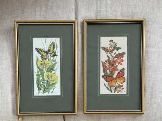 Pair Of Vintage Butterfly Embroideries, Cottagecore Botanical Textile Wall Art
