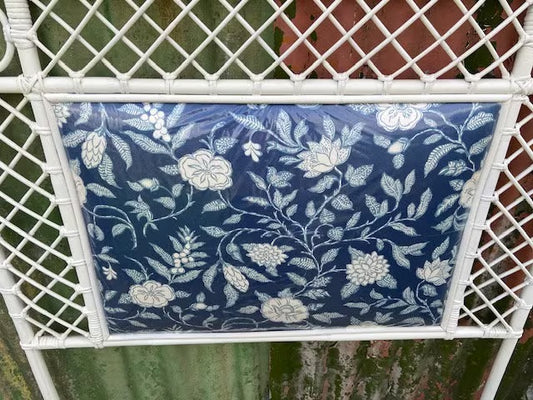 Vintage Bamboo Single Head Board, Blue & White Wicker Cane Bedhead, Floral Fabric Lined, Bedroom Furniture, Nautical, Boho, Maximalist Decor