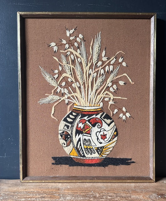 Vintage Native American Indian Embroidery Floral Art, Mid Century Framed Art, Boho Decor, Gallery Wall Decor, Hanging Wall Art, Rustic Home Decor