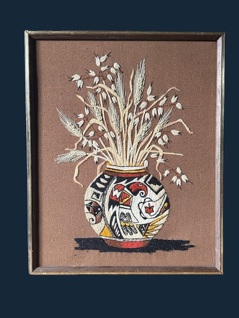 Vintage Native American Indian Embroidery Floral Art, Mid Century Framed Art, Boho Decor, Gallery Wall Decor, Hanging Wall Art, Rustic Home Decor