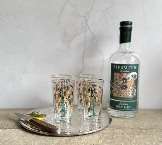 Set 4 Vintage Retro Etched Tumbler, Barware, Gin Glasses, Floral Glassware, Gold Rim, Decorative Glassware, Table Decor, Bar Accessories, Bar Cart