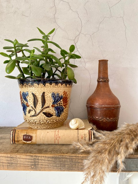 Vintage West German Pottery Planter, Mid Century Ceramic Plant Pot, Relief Floral Cachepot, 1970s Pottery