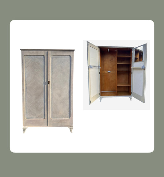 Vintage Art Deco Oak Gentleman's Wardrobe, Lime Washed, Hall Storage, Coat Cupboard, Bedroom Furniture - RESERVED