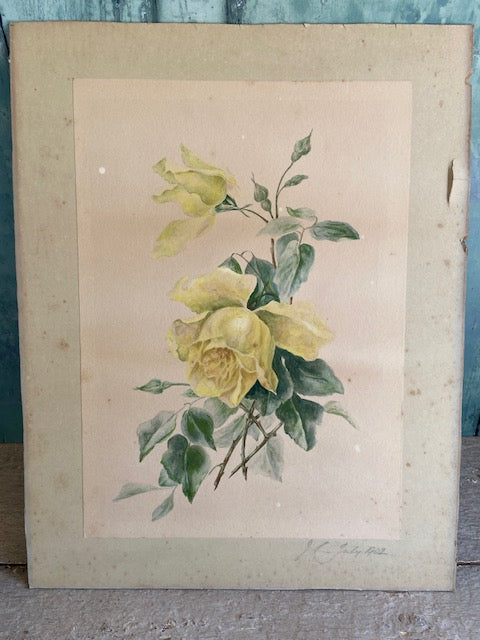 Vintage Water Colour Painting, Yellow Roses, Floral Painting, Botanical Art, Unframed Original Artwork, Signed, Vintage Wall Art, Wall Decor