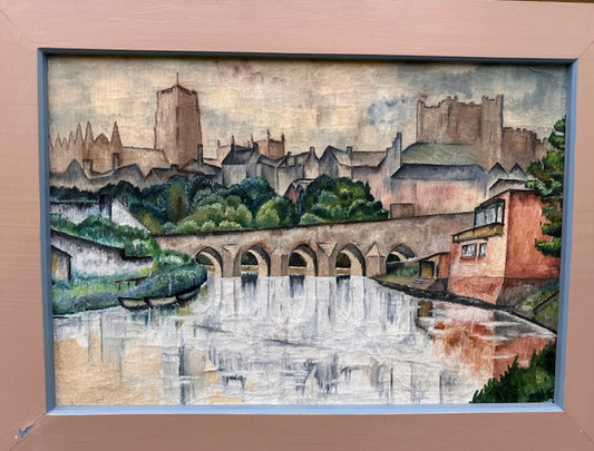 Vintage Peter Tovey Oil Painting, Durham City, Durham Cathedral & River Wear, Large Framed Original Artwork C1965, Impressionist Cubist Style