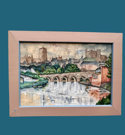 Vintage Large Original Framed Landscape Oil Painting, By Peter Tovey, A View Of The Wear, Durham City, Durham Cathedral, C1965, Original Contemporary Art, Mid Century Painting, Impressionist, Cubist Style, Gallery Wall Art, Vintage Home Decor