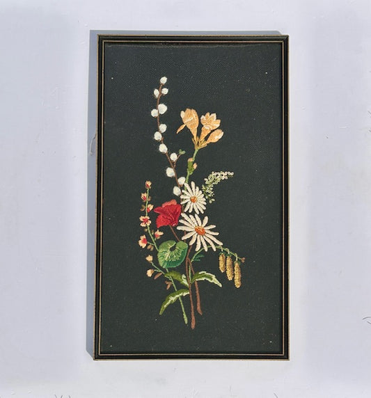 Pair Of Vintage Embroidered Floral Pictures, Botanical And Butterflies Needle Point, Textile Art, Wall Tapestry, Gallery Wall, Cottagecore, Rustic Decor