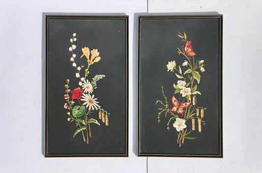 Pair Of Vintage Embroidered Floral Pictures, Botanical And Butterflies Needle Point, Textile Art, Wall Tapestry, Gallery Wall, Cottagecore, Rustic Decor