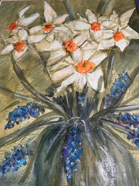 Vintage Still Life Framed Water Colour Painting, Spring Flowers, Daffodils & Blue Bells, Original Art Work, Cottagecore, Rustic Home Decor