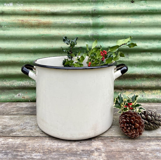 Vintage French Enamel Cooking Pot, Large, Christmas Tree, Planter, Indoor Floor, Planter, Country, Enamelware, Christmas, Cottagecore Decor