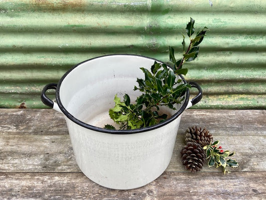 Vintage French Enamel Cooking Pot, Large, Christmas Tree, Planter, Indoor Floor, Planter, Country, Enamelware, Christmas, Cottagecore Decor