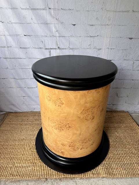 Mid Century Modern Style Pedestal Dining Table, 1970s Italian Style Glass Top Circular Console Table Vintage Burr Wood Effect Hall Table, Entry Way Furniture, Statement Table, Maximalist Decor, Karl Springer Style Table