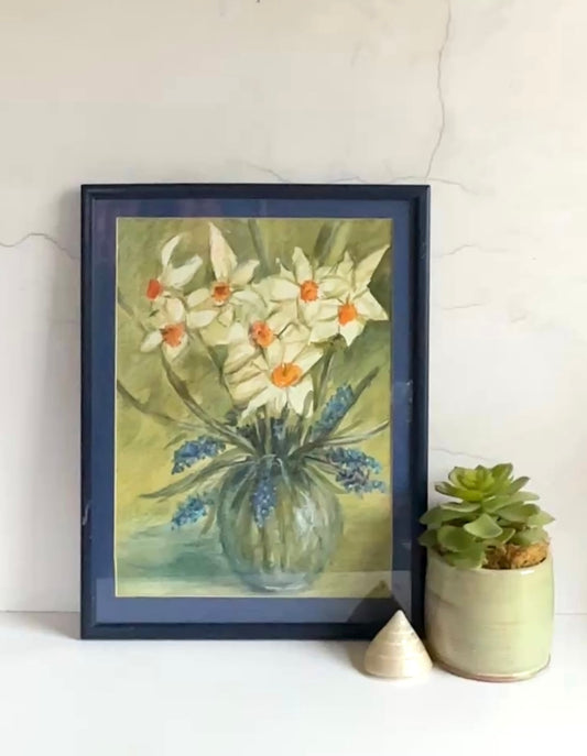 Vintage Still Life Framed Water Colour Painting, Spring Flowers, Daffodils & Blue Bells, Original Art Work, Cottagecore, Rustic Home Decor