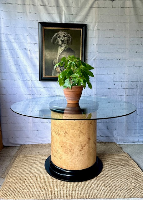 Mid Century Modern Style Pedestal Dining Table, 1970s Italian Style Glass Top Circular Console Table Vintage Burr Wood Effect Hall Table, Entry Way Furniture, Statement Table, Maximalist Decor, Karl Springer Style Table