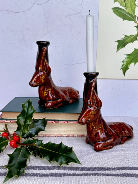 Pair Of Vintage Ceramic Deer, Candle Sticks, Deer Ornament, Candleholders Lying Down, Figurine, Christmas Table Decor, Decorations, Gift