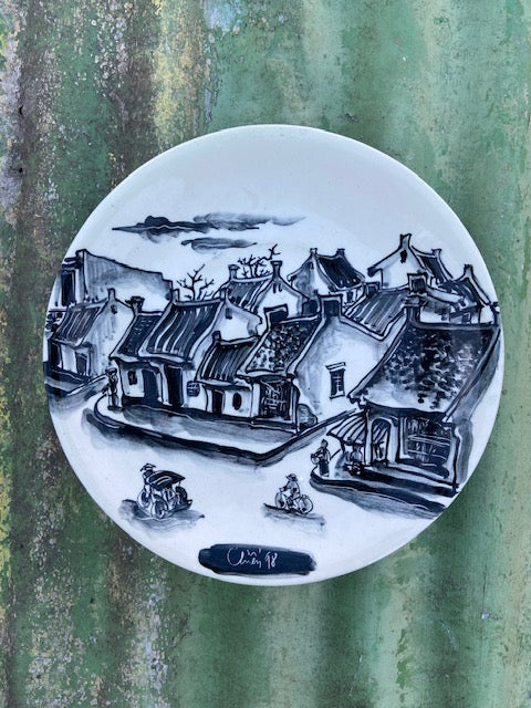Vintage Oriental Hanging Wall Plate, Hanging Decorative Monochrome Ceramic Plate, Japandi Decor, Gallery Wall Art, Hand Painted, Home Decor