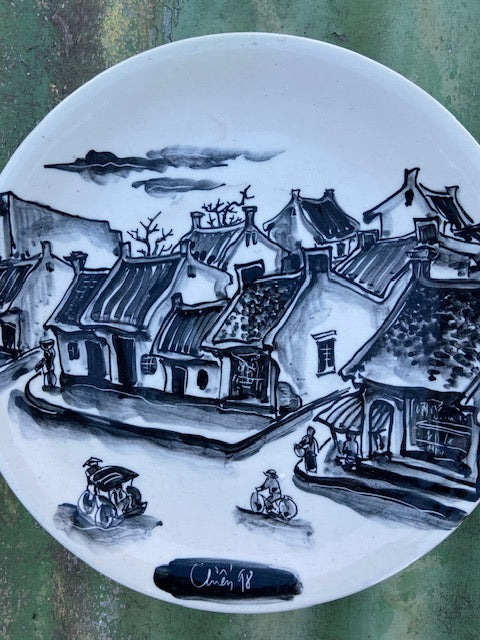 Vintage Oriental Hanging Wall Plate, Hanging Decorative Monochrome Ceramic Plate, Japandi Decor, Gallery Wall Art, Hand Painted, Home Decor