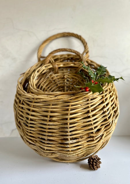 Vintage French Wall Hanging Baskets, Set Of Two, Hanging Woven Planter Baskets, Flat Back, Rustic Home Decor, Cottagecore