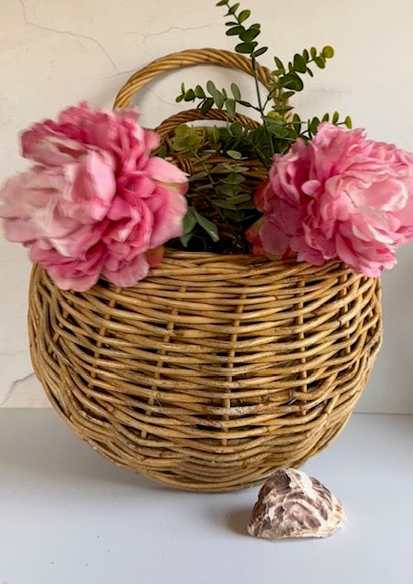 Vintage French Wall Hanging Baskets, Set Of Two, Hanging Woven Planter Baskets, Flat Back, Rustic Home Decor, Cottagecore