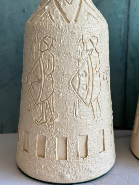 Pair Of Studio Pottery Table Lamps Bases, With Tribal, African Design, Cream, Rustic Lamps, Without Shades, Boho, Maximalist Decor
