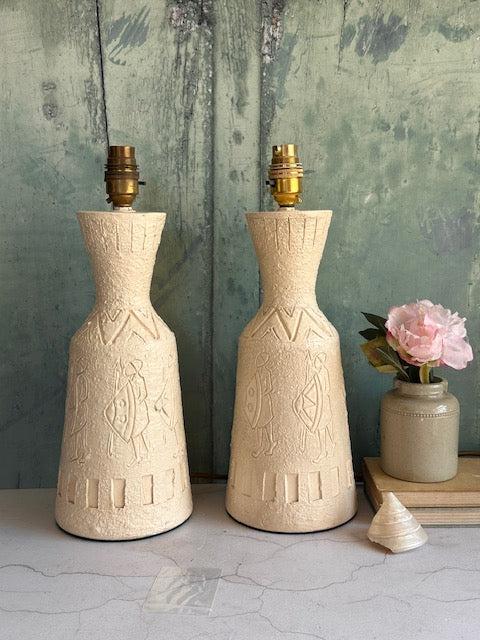 Pair Of Studio Pottery Table Lamps Bases, With Tribal, African Design, Cream, Rustic Lamps, Without Shades, Boho, Maximalist Decor