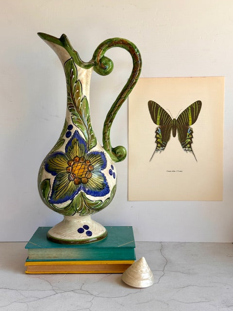 Vintage Hand Painted Pitcher Jug, Tall Pottery Vase, Folk, Rustic Decor,