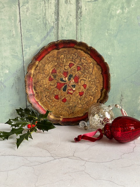 Small Red Vintage Florentine Drinks Tray, Serving Tray, Barware, Decorative Italian Tray, Country Style Home Decor, Gilt And Gesso