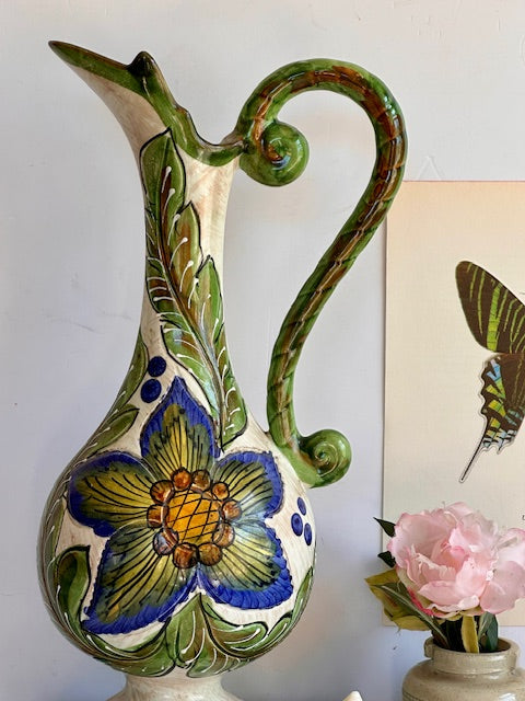 Vintage Hand Painted Pitcher Jug, Tall Pottery Vase, Folk, Rustic Decor,