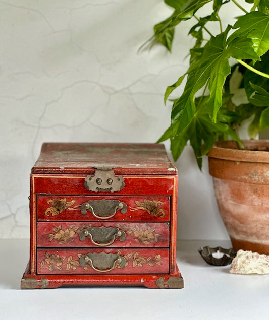 Vintage Antique Oriental Red Lacquer Jewellery Box, With Hinged Lid & Mirror, Dressing Table Mirror, Japandi Home Decor