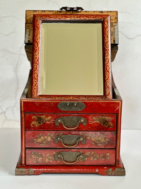 Vintage Antique Oriental Red Lacquer Jewellery Box, With Hinged Lid & Mirror, Dressing Table Mirror, Japandi Home Decor