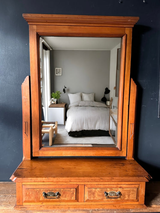 Antique Mahogany Dressing Table Mirror, Toilet Mirror, Vintage Wooden Oval Table Top Tilt Mirror, On Stand, With Drawer, Country Home Decor