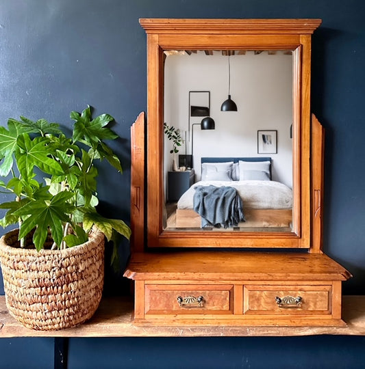 Antique Mahogany Dressing Table Mirror, Toilet Mirror, Vintage Wooden Oval Table Top Tilt Mirror, On Stand, With Drawer, Country Home Decor